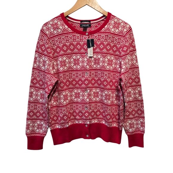 Lands End Cardigan Supima Cotton Fair Isle Red Large Ivory Fair Isle - Picture 4 of 6